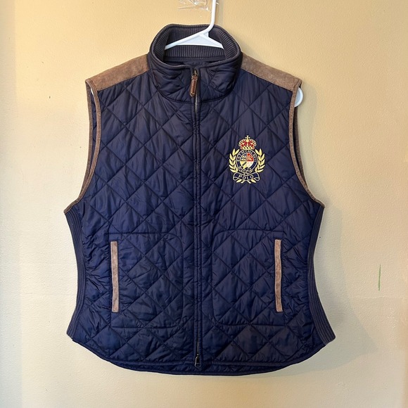 Polo Ralph Lauren Other - Polo Ralph Lauren Vest XL Quilted Navy Blue Brown Suede Crest Logo Classic